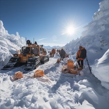 Helpers use evacuation aids to search for people buried in an avalanche