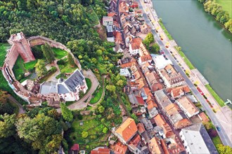 Aerial view of Miltenberg am Main with a view of Miltenberg Castle. Miltenberg