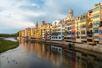 Girona medieval city from the famous red bridge Pont de les Peixateries Velles