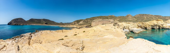 Panoramic of Rodalquilar beach in Cabo de Gata on a beautiful summer day