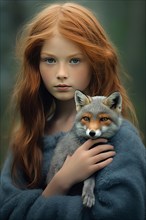 Pretty young girl with long red hair and a blue dress holding a red fox pet in her arms
