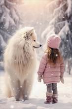 Three years old little girl wearing winter coat standing near a Eskimo dog in a snowy forest environment with the dog looking down at the girl