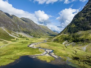 Aerial view of the western part of Glen Coe with the freshwater loch Loch Achtriochtan and the inflowing River Coe