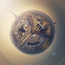Aerial Paris as a mini planet in space. Sightseeing city panorama in shape o a globe with view to the Eiffel Tower