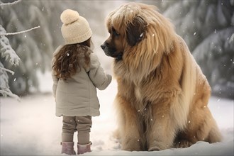 Three years old little girl wearing winter coat standing near a huge Leonberger dog in a snowy forest environment