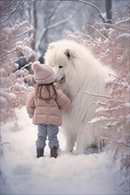 Three years old little girl wearing winter coat petting a Eskimo dog in a snowy forest environment with the dog looking down at the girl