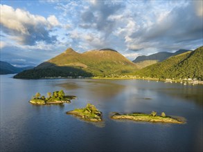 Aerial view of a group of islands in the western part of Loch Leven