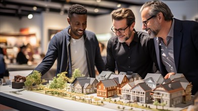 Real estate agent discussing with a male gay couple A new housing development model on the table in front of them. generative AI