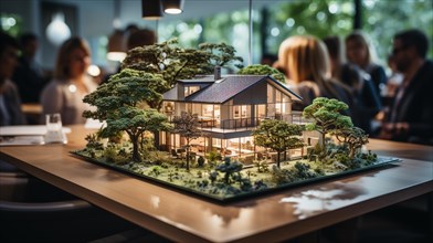 Small scale model of a contemporary house design on the table in A real estate office. generative AI