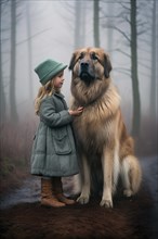 Pretty three years old girl with a green dress and a hat petting a huge Leonberger sitting in an autumnal foggy forest