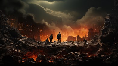 Soldiers surveying the landscape amidst explosions in a war torn city. generative AI