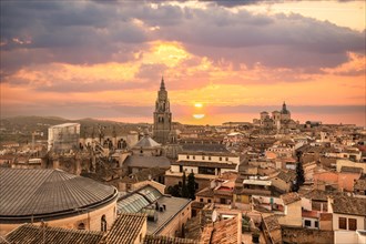 Sunset from the rooftops in the medieval city of Toledo in Castilla La Mancha
