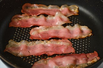 Frying bacon in a frying pan at home