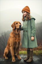 Pretty eight years old girl with a green dress and cap standing near a Golden retriever sitting in an autumnal foggy forest