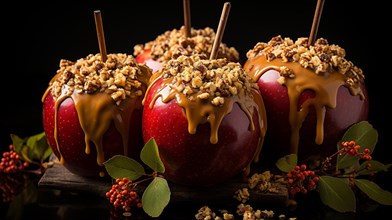 Delicious candy apples with caramel and walnuts. generative AI