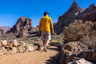 A tourist walking next to the Roques de Gracia and the Roque Cinchado in the natural area of Teide in Tenerife