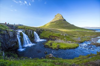 The famous Icelandic mountain Kirkjufell and the small waterfalls