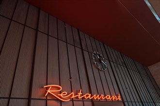 The historic lettering of the restaurant in the main hall of the former Tempelhof Airport