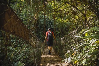 A young man walking along a beautiful wooden bridge in the Cerro Azul Meambar National Park