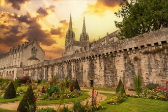 Sunset on the walls of the medieval town of Quimper and the cathedral of Saint Corentin