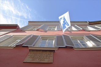 Friedrich Ebert House with flag and view upwards