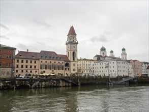 View over the Danube to the old town with town hall and cathedral