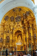 Detail of the chapel inside the church and the virgin in the sanctuary of El Rocio. Huelva. Andalusia