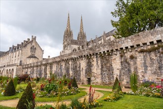 Walls of the medieval village of Quimper and the cathedral of Saint Corentin