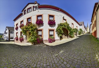 210 degree panorama of a residential building decorated with lush flowers in Senheim an der Moselle