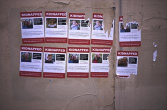 Posters of some Jewish victims kidnapped by the Islamist terrorist organisation Hamas on 07 October 2023 during the progrom
