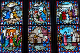 Stained glass inside the Saint Corentin cathedral in the medieval village of Quimper in the Finisterre department. French Brittany