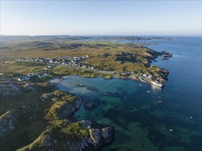 Aerial view of the fishing village of Fionnphort in the morning light