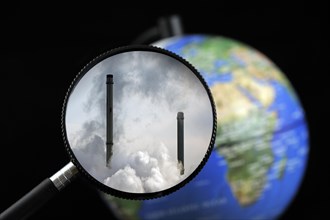 Chimneys covered in smoke seen through magnifying glass held against illuminated terrestrial globe