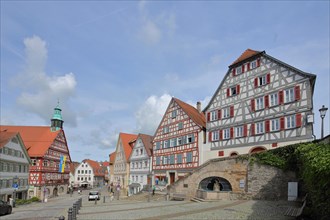 Half-timbered houses on the market square with town hall