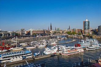 View from a cruise ship of harbour cruise ships and the Niederhafen at the Ueberseebruecke of the Port of Hamburg