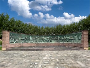 Crucible Casting Monument Monument in the form of panorama semicircle by sculptor Artur Hoffmann from 1952 for steelworkers of Krupp Stahl Stahlwerke depiction semi relief of manufacture production of...