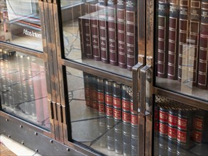 Books and encyclopaedias in old glass case with metal