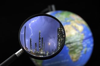 Lightning during thunderstorm above petrochemical industry seen through magnifying glass held against illuminated terrestrial globe