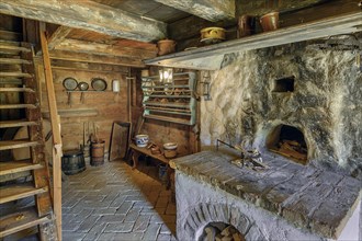 Kitchen with open fireplace in the Swabian Open Air Museum