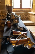 Knights and medieval armor in the castle of Fougeres. Brittany region