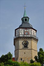 Historic baroque town tower with clock built in 1614 and landmark