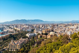 Views of the city and the Cathedral of the Incarnation of Malaga from the Gibralfaro Castle in the city of Malaga