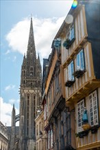 Historic center in the medieval town of Quimper and the Saint Corentin cathedral