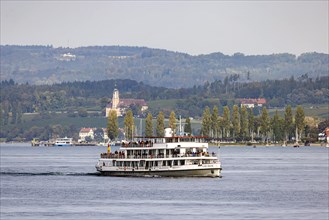Excursion boat KARLSRUHE underway on Lake Constance against the backdrop of Birnau Monastery