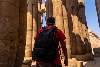 A photographer looking at ancient Egyptian drawings on the columns of the Temple of Luxor