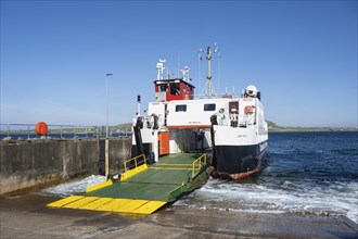 The Fionnphort ferry terminal with the ferry MV Loch Buie of the shipping company Caledonian MacBrayne