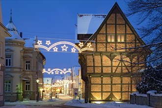 Christmas lights in winter historic Amtspforte Stadthagen Germany