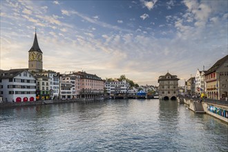 Old Town of Zurich with St. Peter's Church and Town Hall on the Limmat