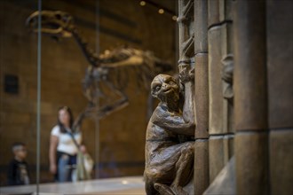 Monkey sculpture and dinosaur skeleton