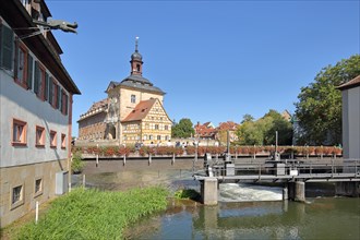 Historic Old Town Hall on the Regnitz with Geyerswoerth Bridge and weir